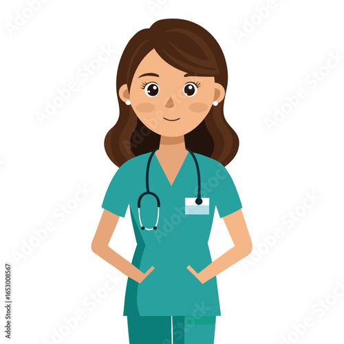 Smiling Cartoon Nurse Standing with Arms Crossed Confidently in Teal Scrubs and a Stethoscope in a Vector Art Style