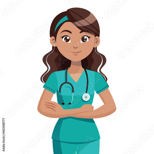Smiling Cartoon Nurse Standing with Arms Crossed Confidently in Teal Scrubs and a Stethoscope in a Vector Art Style