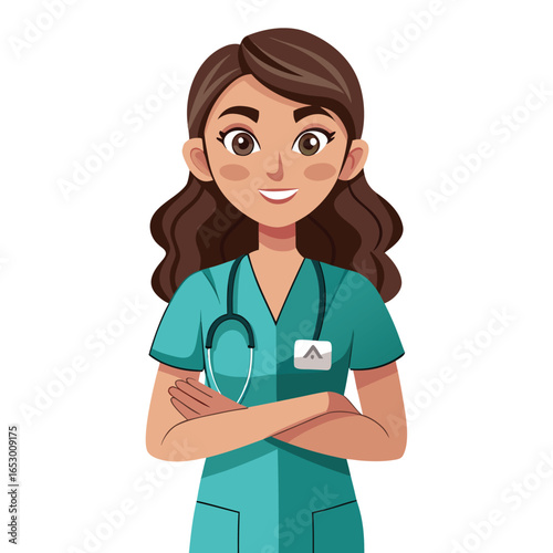 Smiling Cartoon Nurse Standing with Arms Crossed Confidently in Teal Scrubs and a Stethoscope in a Vector Art Style