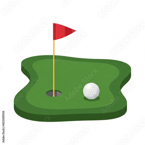 Golf ball and flag on a putting green, isolated on white background