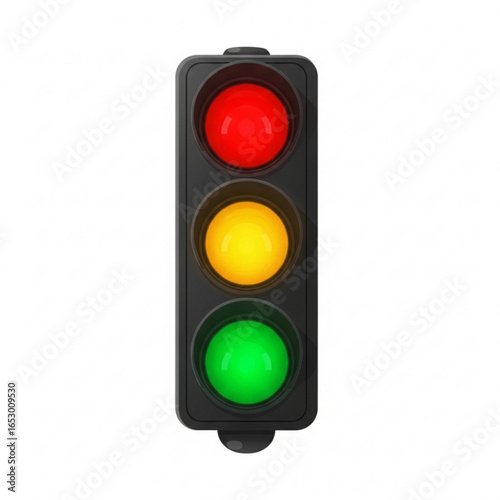 Traffic light signal with red, yellow, and green lights isolated on white background