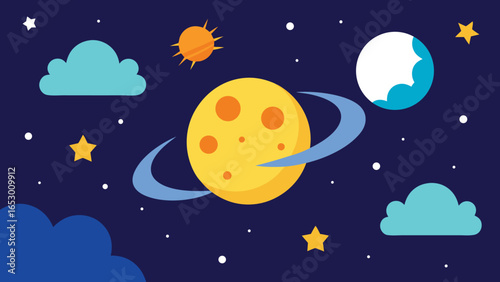 Whimsical Space Scene with Planets, Sun, Clouds, and Stars vector illustration transparency background