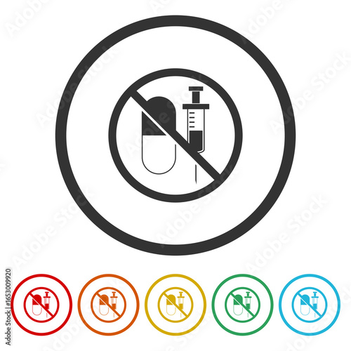 No antibiotics food, hormones free icon. Set icons in color circle buttons
