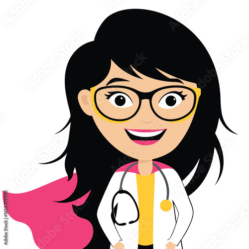 Cartoon Superhero Doctor or Nurse with Black Hair Wearing Glasses and a Pink Cape of Healing