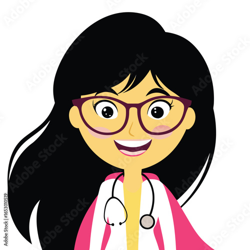 Cartoon Superhero Doctor or Nurse with Black Hair Wearing Glasses and a Pink Cape of Healing