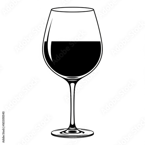 A black silhouette of a wine glass filled with red wine, isolated on white background