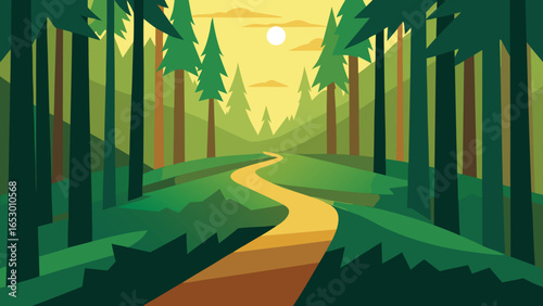 Winding path through a dense green forest with tall pine trees and sunlight filtering through woods nature transparency background