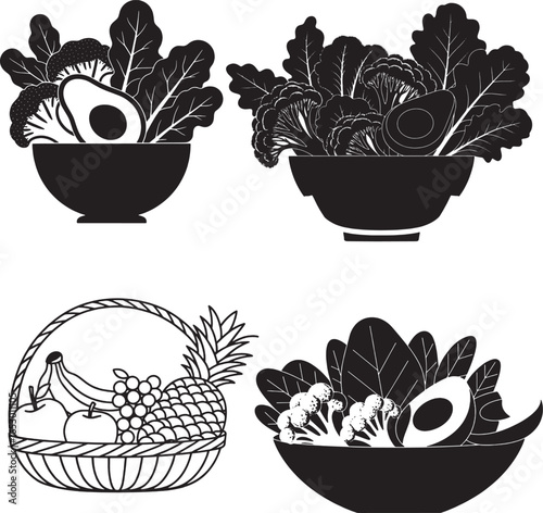 Fresh vegetables fruits and food icons healthy organic farm produce salad ingredients kitchen nutrition natural diet vegetarian collection isolated vector set design