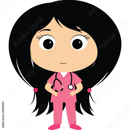 Cartoon Doctor or Nurse Illustration An Inspiring Depiction of Healthcare Professionalism with Black Hair and Pink Stethoscope Accents