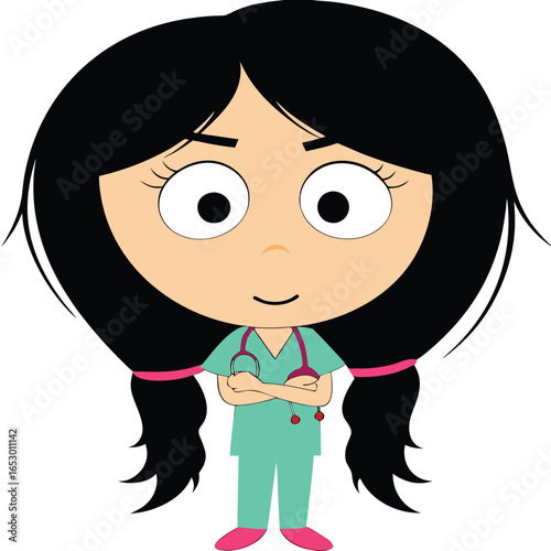 Cartoon Doctor or Nurse Illustration An Inspiring Depiction of Healthcare Professionalism with Black Hair and Pink Stethoscope Accents