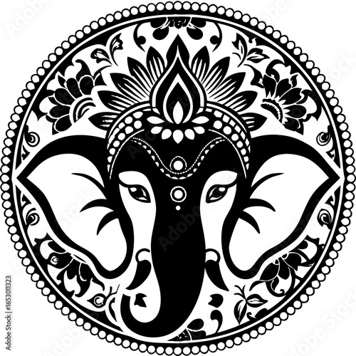 Ganesh Face Silhouette Vector - Hindu God Ganesha Mandala Head Design Illustration