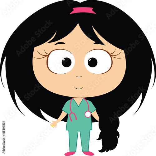 Cartoon Doctor or Nurse Illustration An Inspiring Depiction of Healthcare Professionalism with Black Hair and Pink Stethoscope Accents