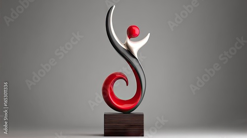 Abstract sculpture of red and black flowing forms.