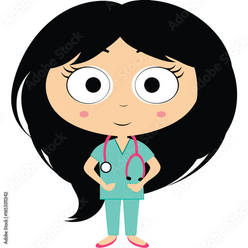 Cartoon Doctor or Nurse Illustration An Inspiring Depiction of Healthcare Professionalism with Black Hair and Pink Stethoscope Accents