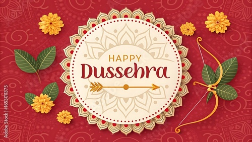 Happy Dussehra Greeting Card Digital Illustration with Bright Red Background