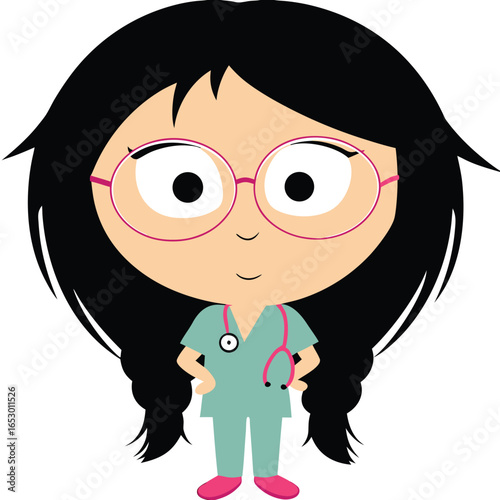 Cartoon Doctor or Nurse Illustration An Inspiring Depiction of Healthcare Professionalism with Black Hair and Pink Stethoscope Accents