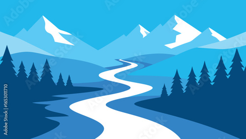 Winding River Through Snowy Mountains and Pine Trees landscape nature transparency background