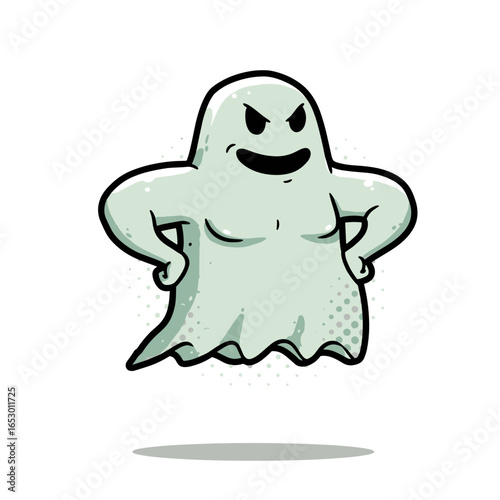 Cartoon ghost character with a mischievous grin and arms crossed