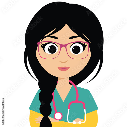 Cartoon Doctor or Nurse Illustration An Inspiring Depiction of Healthcare Professionalism with Black Hair and Pink Stethoscope Accents