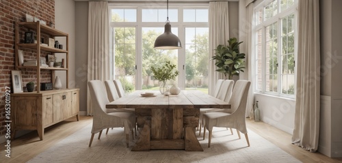Modern farmhouse dining room with reclaimed wood table, linen chairs, light fixture. Rustic interior design. Comfortable wooden furniture in cozy home. Luxury apartment with sunlight from window,