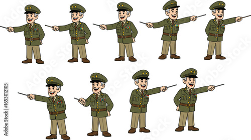 Cartoon military officer illustration, army general pointing with stick, commander character, soldier uniform, teaching, training, leadership, discipline, authority, strategy