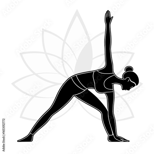 Black silhouette of woman in yoga Triangle Pose with lotus graphic white