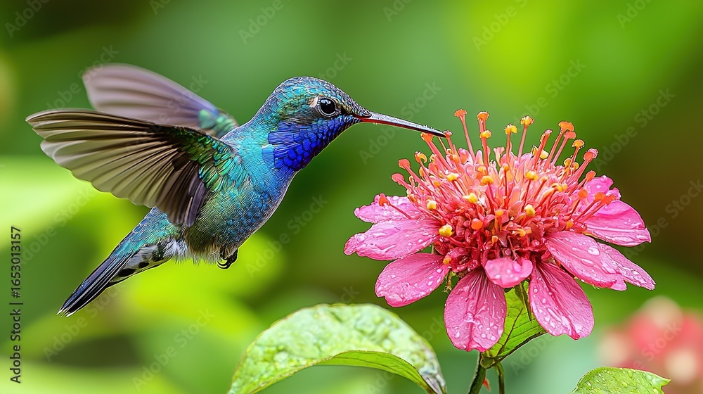 Fototapeta premium Violet-Bellied Hummingbird Drinking Nectar from Red Flower in Green Forest, High-Detail Macro with Vibrant Colors and Natural Clarity 