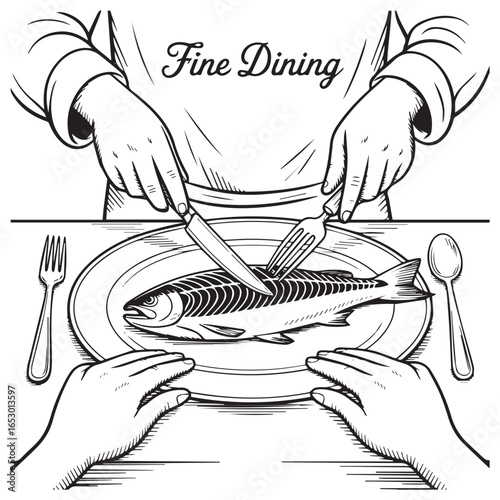 Table Manners – Knife and Fork Cutting Food Line Drawing