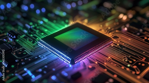 Neon-Glowing Microchip on Circuit Board: Futuristic Tech Background
