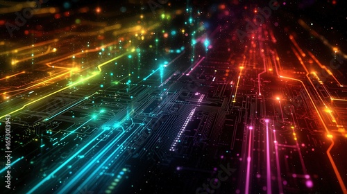 Neon Color Circuitry: Futuristic Digital Tech Data Flow Background