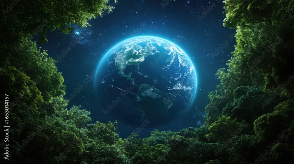 Fototapeta premium Stunning View of Earth Surrounded by Lush Green Forest Canopy