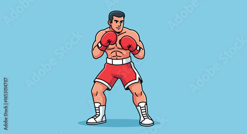 Illustration of a strong male boxer in a classic fighting pose, symbolizing athletic discipline and competitive power.