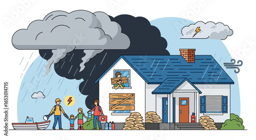 Family evacuating their home during a severe hurricane storm, seeking shelter from the natural disaster. Doodle vector concept.