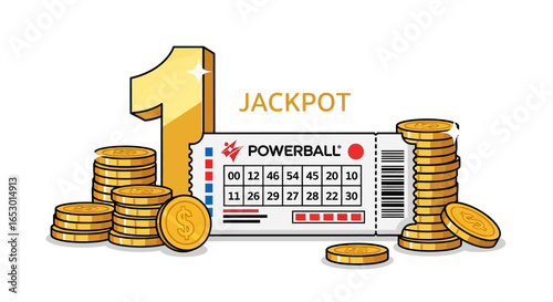 Vector illustration of winning the lottery jackpot, with the number one, a ticket, and stacks of gold coins symbolizing wealth and success.