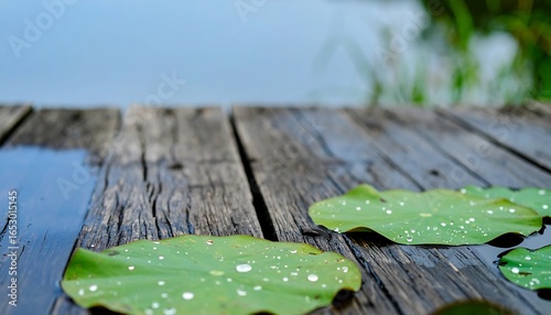 Dew-covered lotus leaves rest on weathered wooden planks near calm water