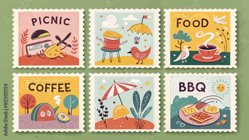 A set of twelve colorful flat illustrated postage stamps or stickers with various designs perfect for scrapbooking journaling