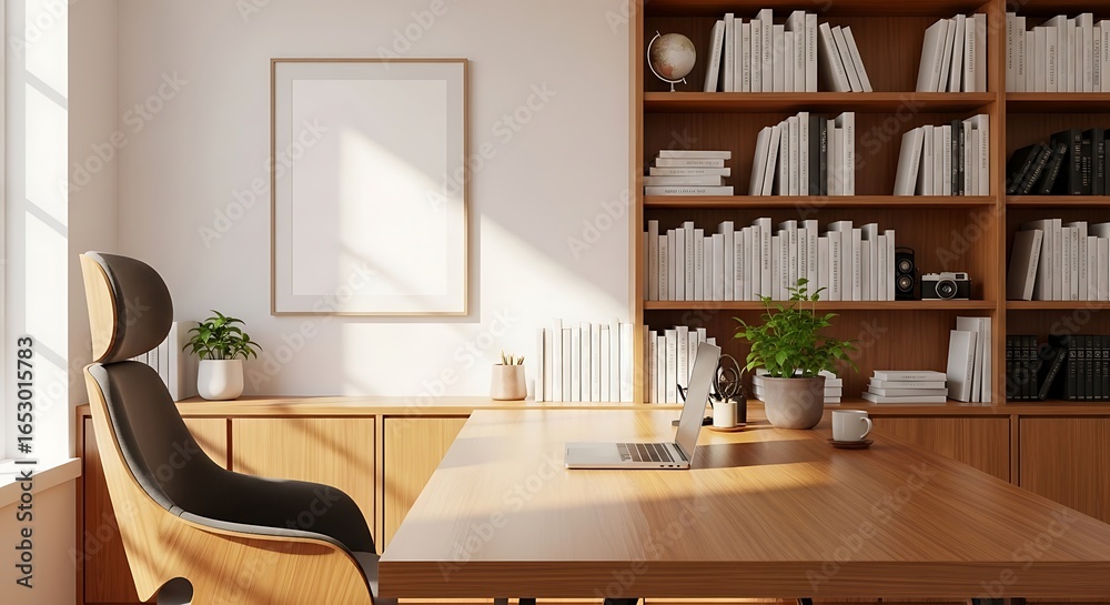 Fototapeta premium Frame mockup, ISO A paper size. Workspace wall poster mockup. Interior mockup with shelves. Minimalist home office design. 3D render.