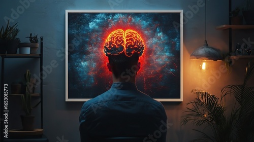 Emotional wellness art showing red glow in heart and brain zones of a back-facing male, 