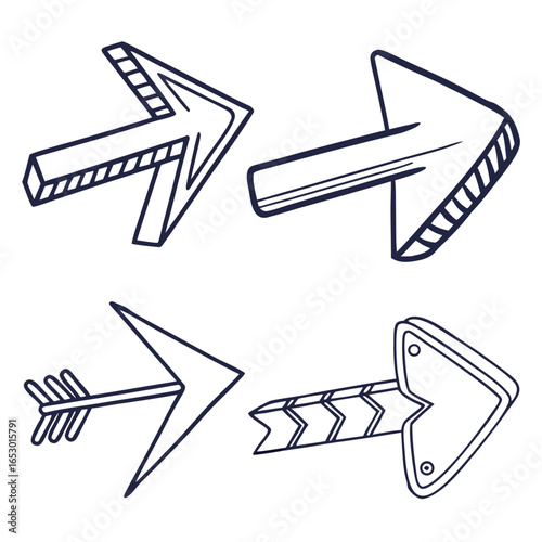 A set of six arrows with different shapes and sizes. The arrows are drawn in a stylized way, with some having a more pointed tip and others having a more rounded tip. Scene is playful and whimsical