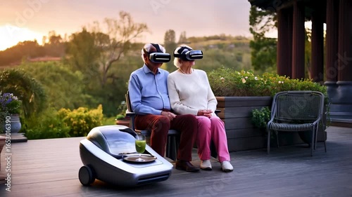 Elderly couple enjoying immersive virtual reality experience together on a serene outdoor patio, surrounded by lush greenery and modern technology, showcasing the joy of shared moments in innovation