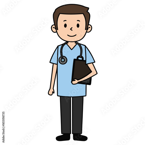 Cartoon Doctor or Nurse Holding a Clipboard and Raising a Fist in Encouragement