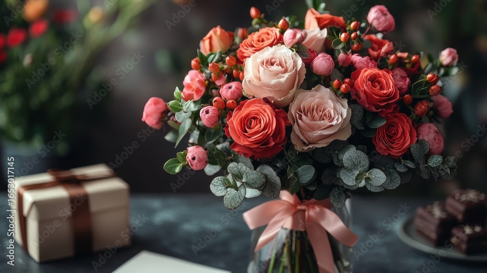 Obraz premium Vase of flowers with a pink ribbon on a table plant background
