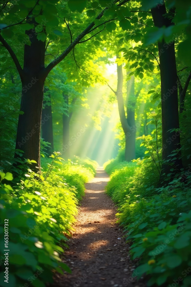 Fototapeta premium Sunlit Tunnel of Lush Greenery A Vibrant Summer Path Perfect for Travel and Nature Photography