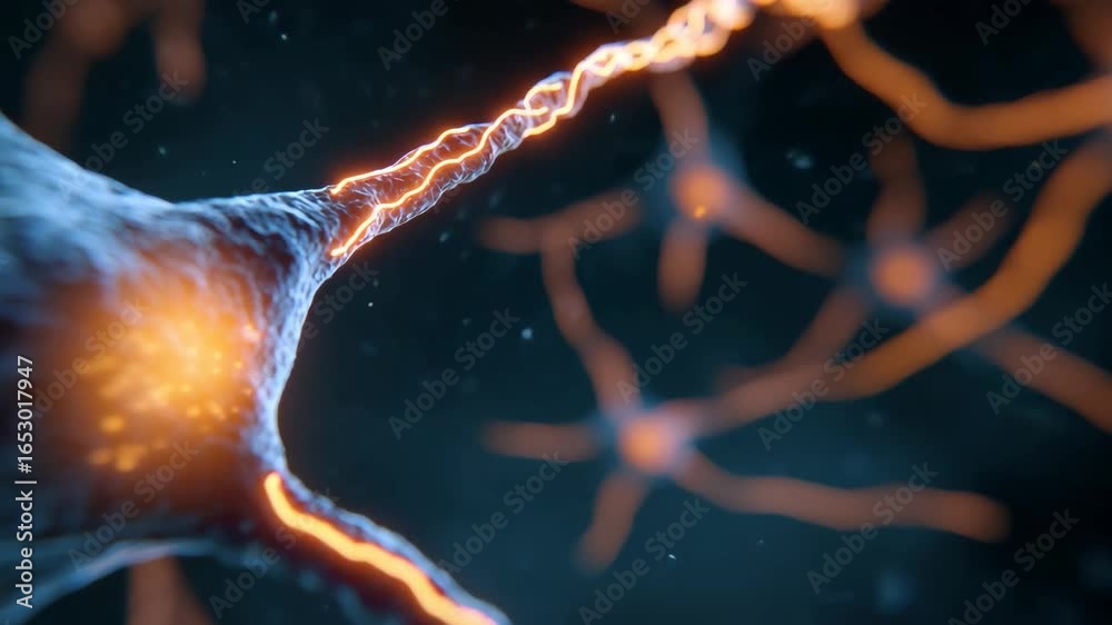 Illustration showing a neuron with orange sparks, capturing the essence of neural networks and brain activity at a microscopic level. Neuron network.