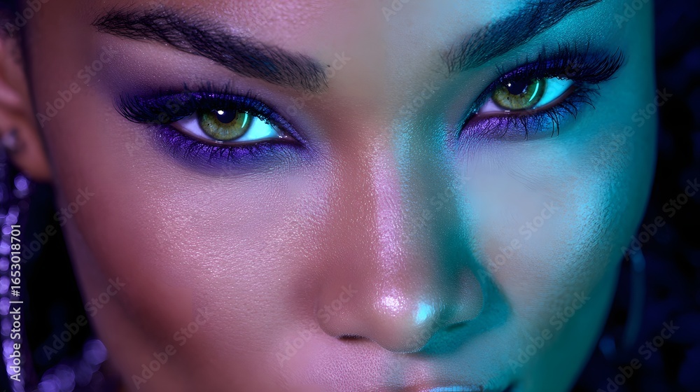 Fototapeta premium Close-up portrait of a woman with vibrant, colorful makeup, illuminated by striking, contrasting lights, showcasing intense eye expressions and skin tones.