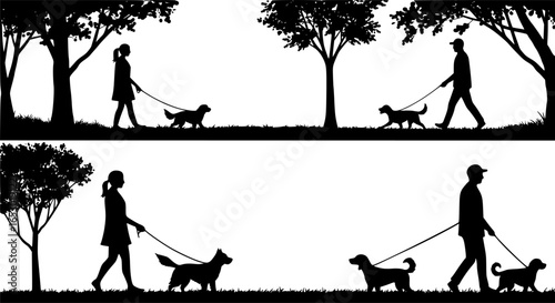 Silhouette of a woman and man walking dogs on leashes in a park or outdoor setting on a sunny day | editable eps vectors
