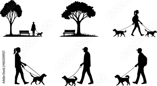 Silhouette of a woman and man walking dogs on leashes in a park or outdoor setting on a sunny day | editable eps vectors
