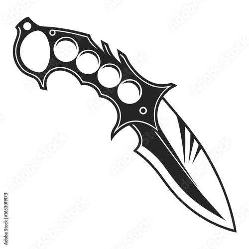 A black and white illustration of a brass knuckle knife, isolated on white background, perfect for illustrating themes of selfdefense and combat