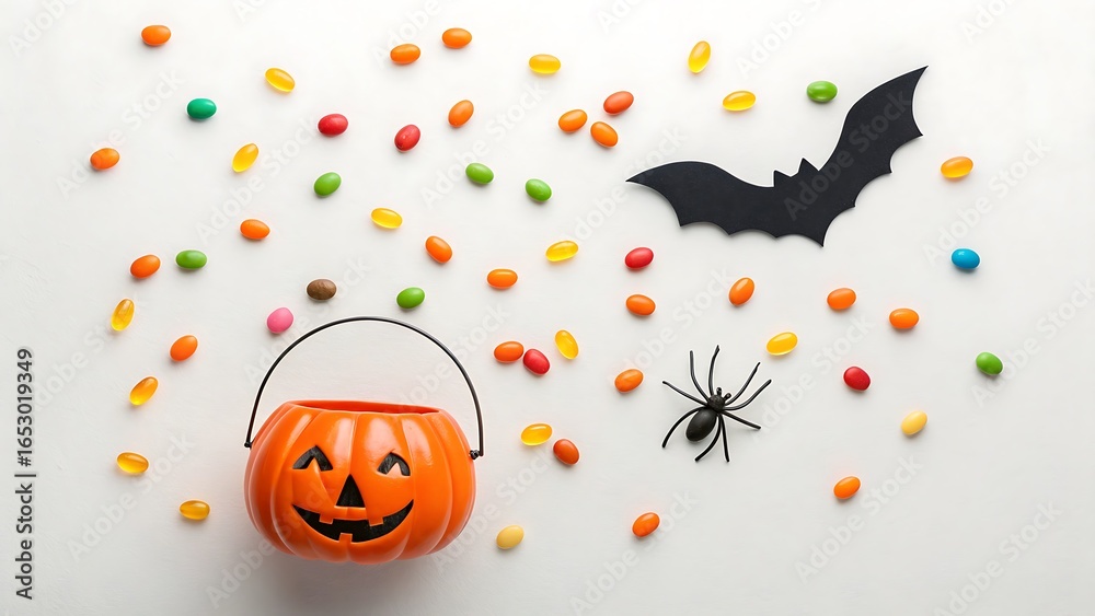 Fototapeta premium Simple Halloween Flat Lay Scene with Small Pumpkin Lantern and Black Handle