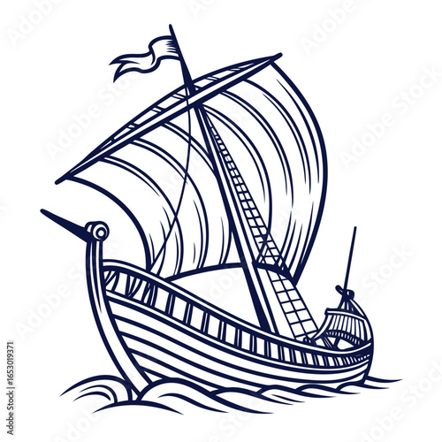 A vintage viking ship sails the sea, symbolizing adventure, exploration, and the rich maritime history of the nordic people isolated on white background